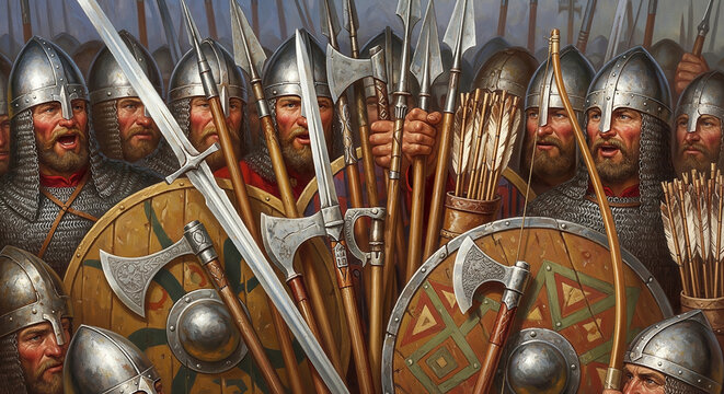 A medieval army is ready for battle, warriors equipped with spears, swords, shields, bows, and axes, demonstrating their preparedness for combat
