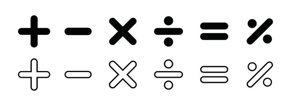 Math operators icon set with arithmetic symbols in Solid and outline style. Calculation sign icons for calculators, education and finance