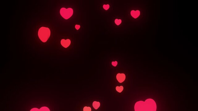 Multiple glowing red and pink hearts floating upward on a transparent background, romantic seamless loop with alpha channel for Valentine's Day, anniversary and singles party celebrations
