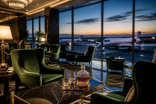 Airport lounge seating with whiskey decanter overlooking runway at dusk