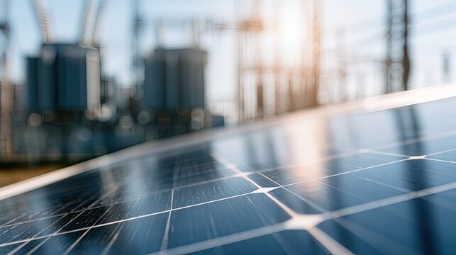 Close-up solar panel with blurred electrical substation in background