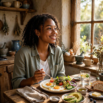 Black woman eating morning meal A cheerful young woman of African ethnicity enjoys a healthy
