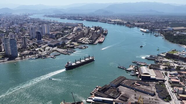 Freight Ship At Santos In Sao Paulo Brazil. Port Of Santos Scenery. Cargo Ship. Maritime Transportation. Freight Ship At Santos. Freight Ship Sailing.
