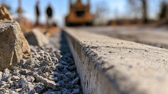 Close-up of a newly poured concrete curb next to gravel, road construction