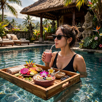 Breakfast tray in swimming pool, floating breakfast in luxury hotel. Girl relaxing in the pool