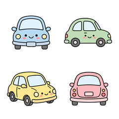 Obraz premium Collection of four kawaii cartoon cars in various colors and angles.