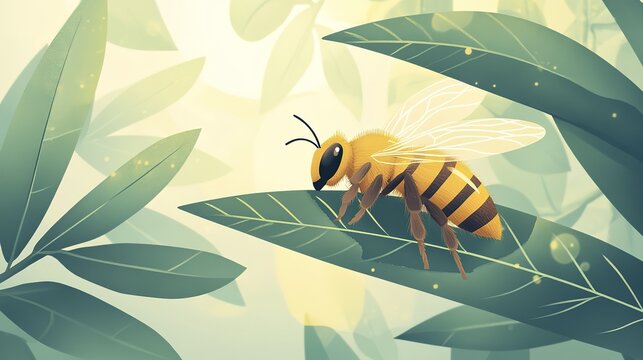Illustrated honey bee resting on sunlit leaf in natural setting