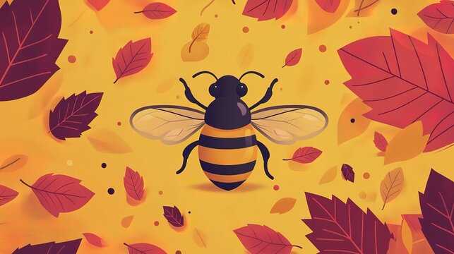 Colorful autumn leaves surrounding a honey bee on a vibrant yellow background
