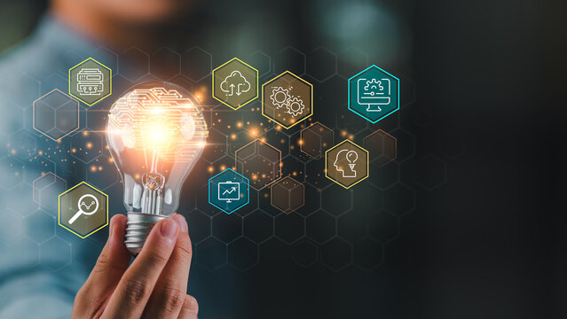 Technology strategist presenting an AI-powered innovation concept with intelligent automation, cloud computing, analytics, machine learning, optimization, and enterprise solutions for future growth.