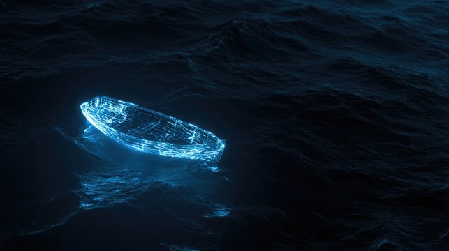 Glowing digital boat hull materializes on dark, rippling ocean waves