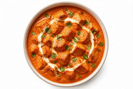 Curry with paneer cubes served in bowl on white background