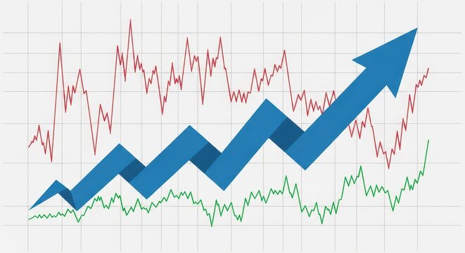 Blue arrow chart moving upward over red and green volatile stock market trend lines on grid paper
