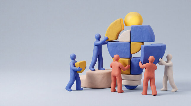 Clay-style team assembles a light bulb from colorful blocks, symbolizing collaboration, brainstorming, innovation and turning a shared idea into reality