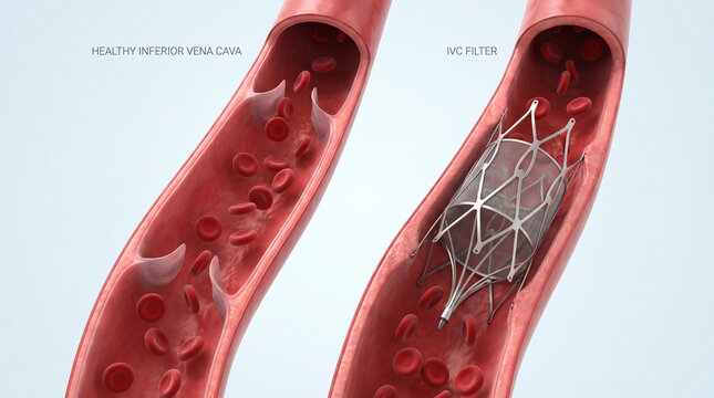 Inferior Vena Cava IVC Filter Implant vs Healthy Vein 3D Illustration
