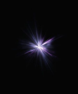 Bright violet lens flare starburst burst isolated on black background. Abstract purple light explosion flash flare overlay. Luminous magenta glowing sunburst sparkle star set