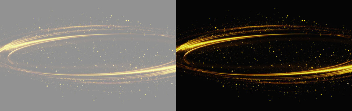 Abstract glowing golden light ring with sparkles isolated on grey and black background. Glowing gold swirl ring trail with glitter overlay. Luminous gold oval light wave frame set with particle dust