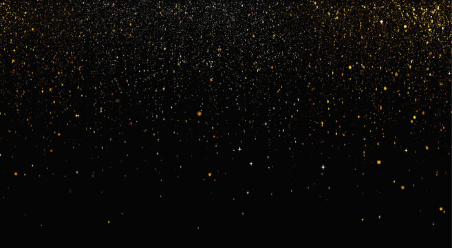 Falling gold glitter dust sequence isolated on black background. Abstract glowing golden confetti particle rain overlay. Subtle metallic gold stardust sequence