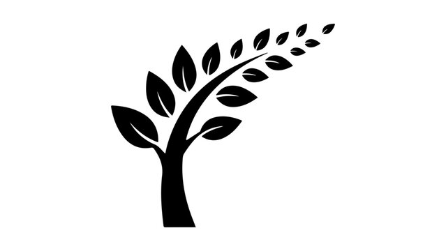 Bending tree silhouette with fluttering leaves in wind design for motion concept artwork.