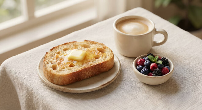 3D rendered clay style breakfast scene with buttered toast, mixed berries, and a mug of cafe au lait on a cloth covered table.