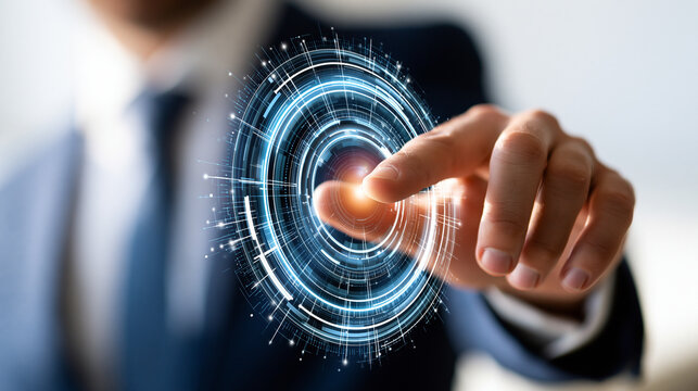 Business man's hand shown touching a glowing product lifecycle management digital interface screen on bright clean background close up composition bright product