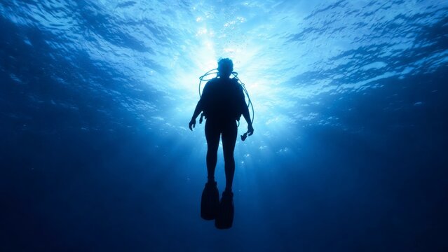 Diver silhouette swims in deep blue ocean water toward bright glowing sunlight.