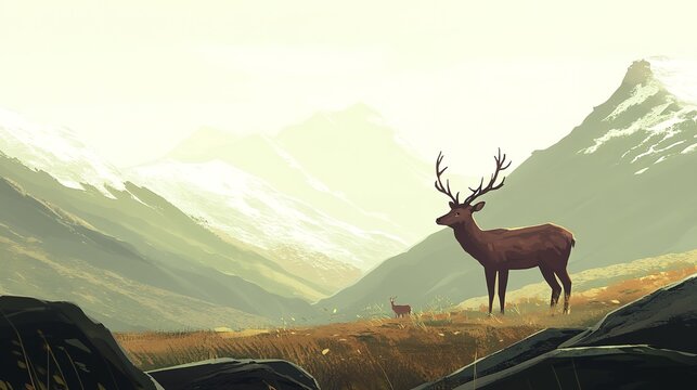 Majestic deer in serene mountain landscape with snow-capped peaks