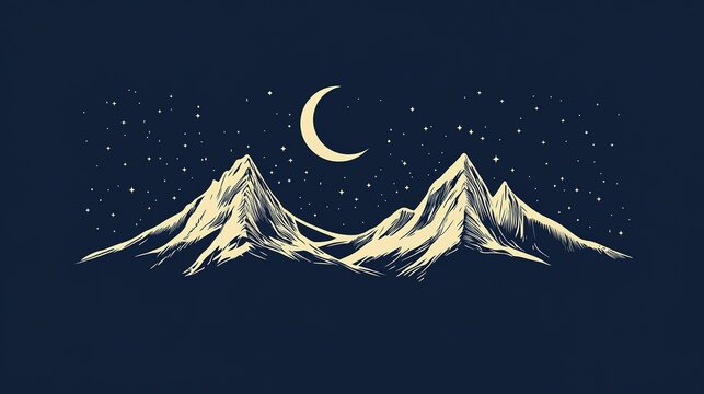 Crescent moon over starry night mountain landscape illustration