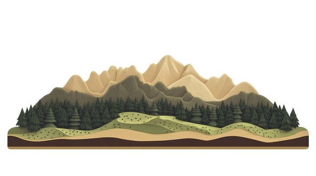 Scenic landscape with mountains and dense forest in paper art style