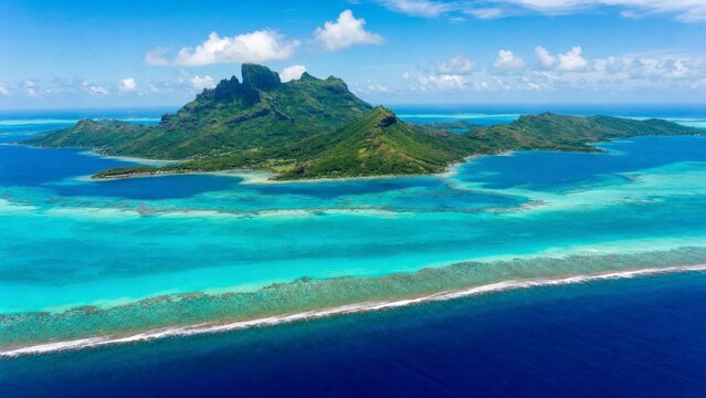Bora bora tropical island with turquoise lagoon water and mountain peak landscape.