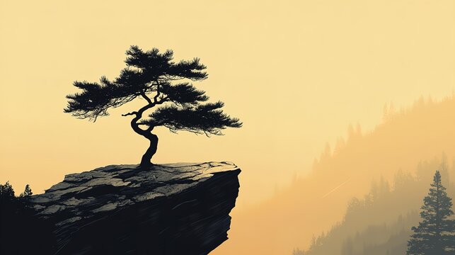 Solitary pine tree on cliff edge with misty mountain backdrop at sunset