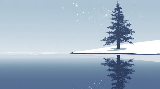Serene winter landscape with snow-covered pine tree reflection on tranquil lake