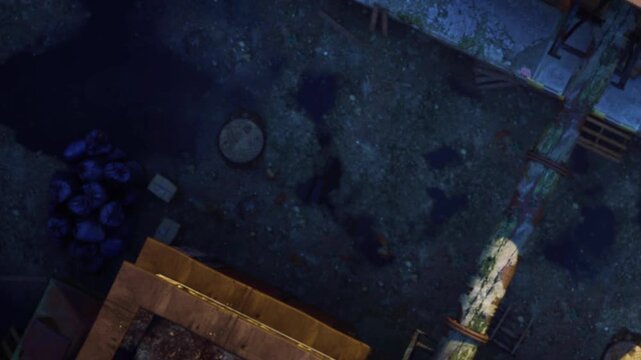 Several bags and trash are scattered on the ground next to a water body. Shadows from structures create patterns on the debris. The location appears busy and neglected.