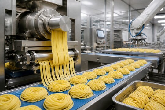 Pasta extruder forming nest pasta on factory conveyor belt