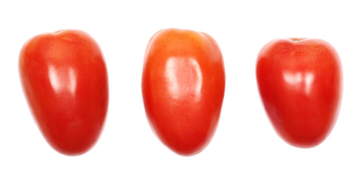 Set, organic fresh ripe red whole tomato isolated on white background, top view