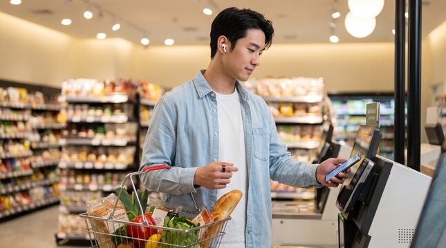 Young Asian man paying by smartphone at a supermarket self checkout with a basket of groceries