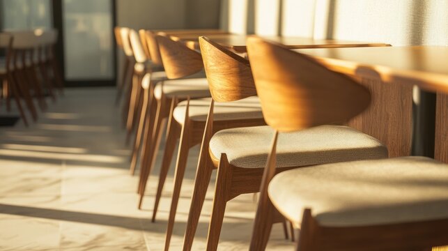 Modern Cafe Interior with Row of Empty Wooden Chairs and Tables in Natural Sunlight