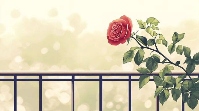 Red rose blooming on balcony railing with soft bokeh background