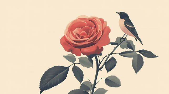 Songbird perched on blooming red rose: nature's harmony captured in art