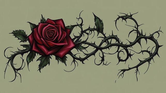 Elegant dark rose with intricate thorn vines on subtle green background