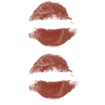 Two Stacked Lipstick Kiss Print Brush on White &ndash; Terracotta Rust Lips Marks Clipart

