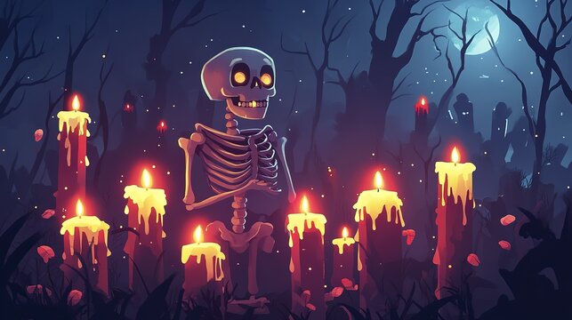 Spooky night scene with skeleton and candlelit forest graveyard