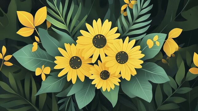 Vibrant yellow sunflowers with lush green and yellow leaves