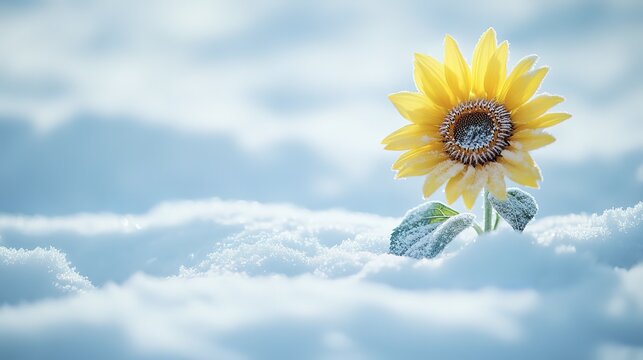 Bright yellow sunflower blooming through snowy landscape