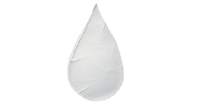 A white paper droplet shape is isolated against a solid black background displaying a textured surface