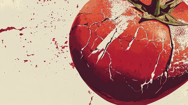 Vibrant cracked tomato with splashes on light background