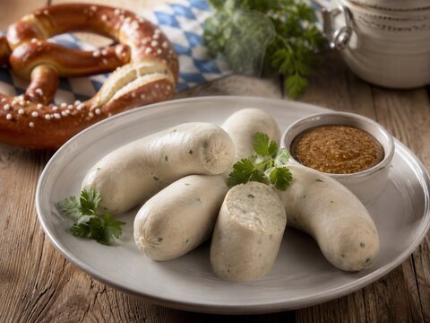 Servierte Wei&szlig;wurst mit s&uuml;&szlig;em Senf und Brezel als klassische bayerische Mahlzeit. Dampfwarmes Gericht auf hellem Teller in rustikaler Umgebung appetitlich und traditionell pr&auml;sentiert.