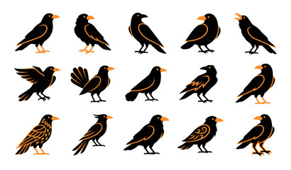 Obraz premium A collection of fifteen stylized crow and raven illustrations featuring black and orange color schemes isolated on a clean white background design
