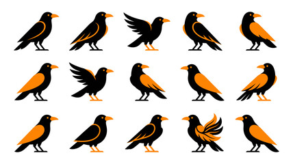Obraz premium A collection of fifteen stylized crow or raven icons featuring black and orange color schemes in various poses for graphic design projects