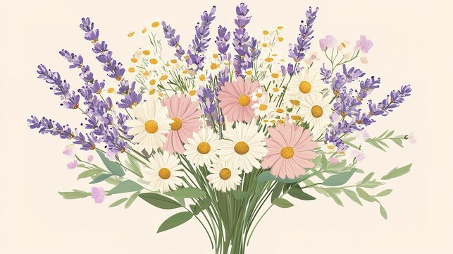 Vibrant bouquet of lavender, daisies, and wildflowers with green leaves