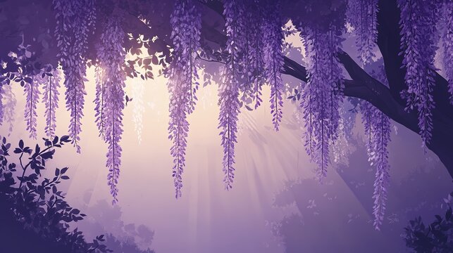 Tranquil misty forest with blooming purple wisteria at dawn
